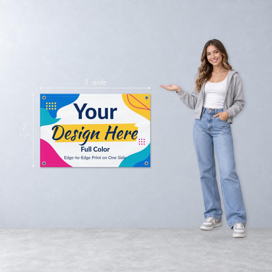 3 × 2 ft single-sided vinyl banner mockup with full-color artwork, dimension labels and an adult woman for scale