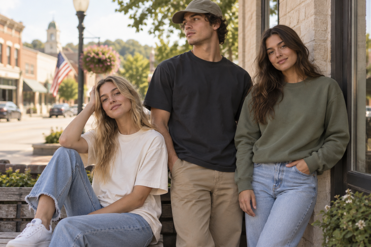 Three young adults wearing casual tees, a sweatshirt and a cap on a downtown sidewalk.