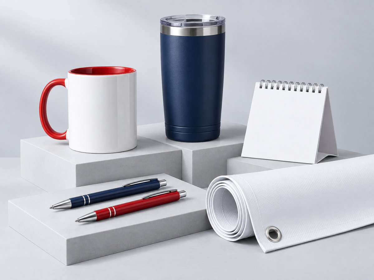 Promotional mug, tumbler, pens, desk calendar and vinyl banner