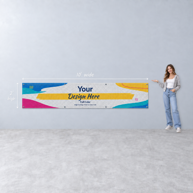Single-sided mesh vinyl banner, 10 × 2 feet (width × height), with full-color sample artwork and visible mesh perforations
