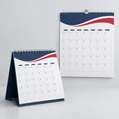 Desk and wall calendars with navy and red accents
